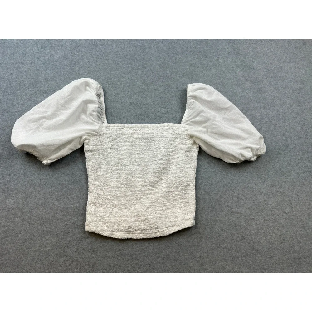 Abercrombie & Fitch White Smocked Puff Sleeve Square Neck Crop Top Small